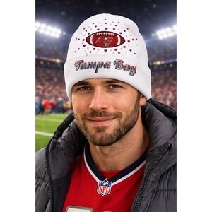 Tampa Bay Buccaneers White Beanie design with Logo, Red & Crystal Rhinestones